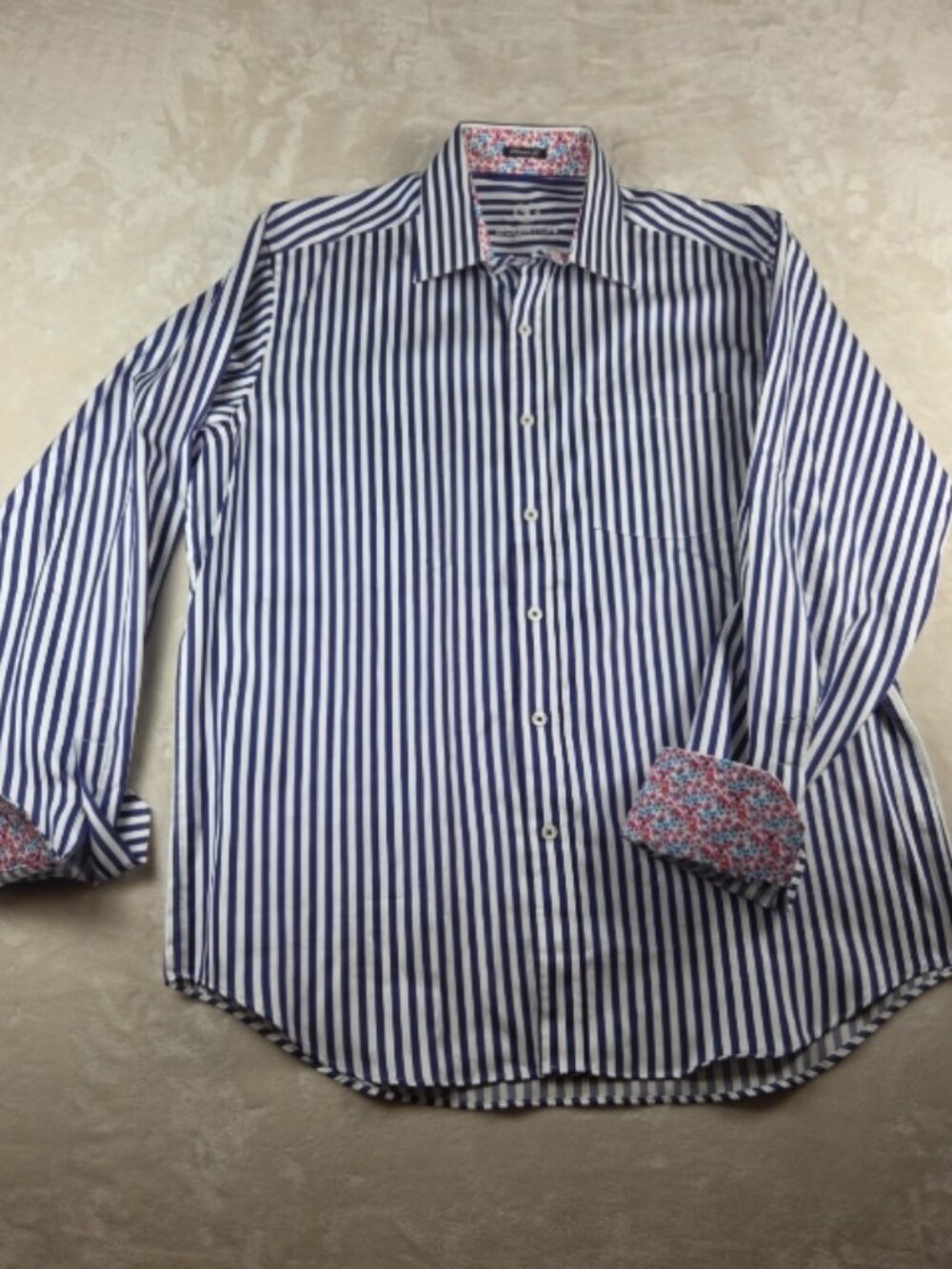 Bugatchi Uomo Classic Fit M Blue White Striped Dress Shirt Floral Trim